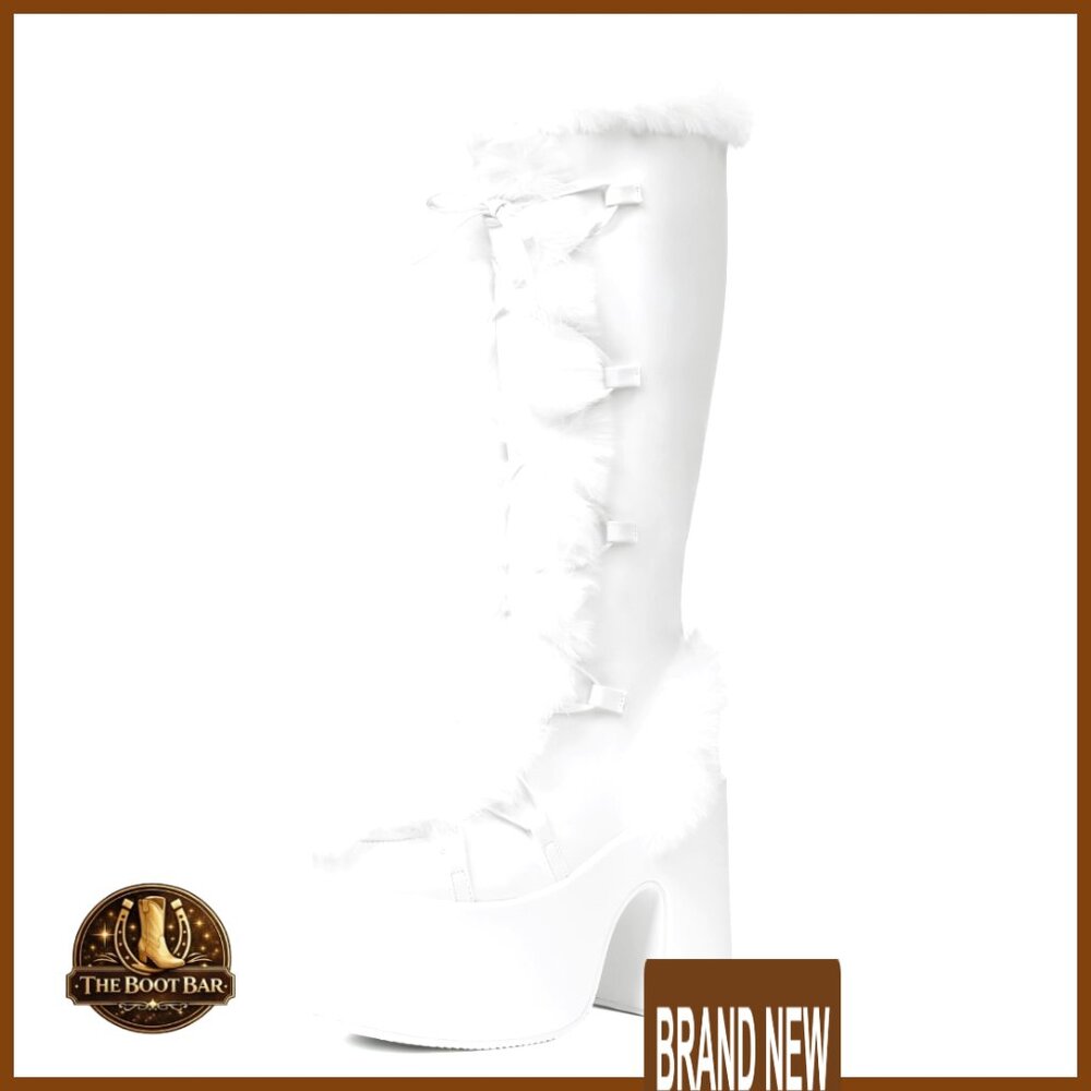 Knee High Platform Boots Faux Fur Lined Chunky Heel Lace Up Side Zipper